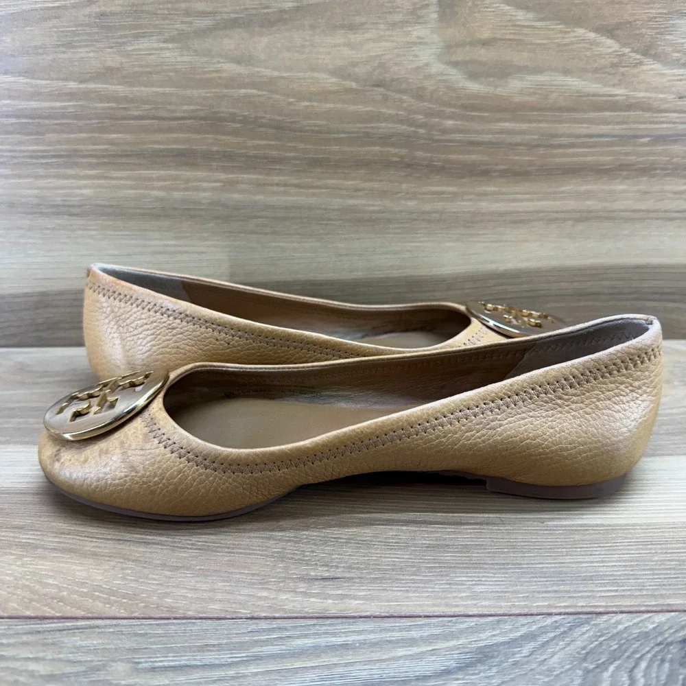 Tory Burch‎ Reva Flats Tan Womens 5 C Pebble Leather Gold Logo